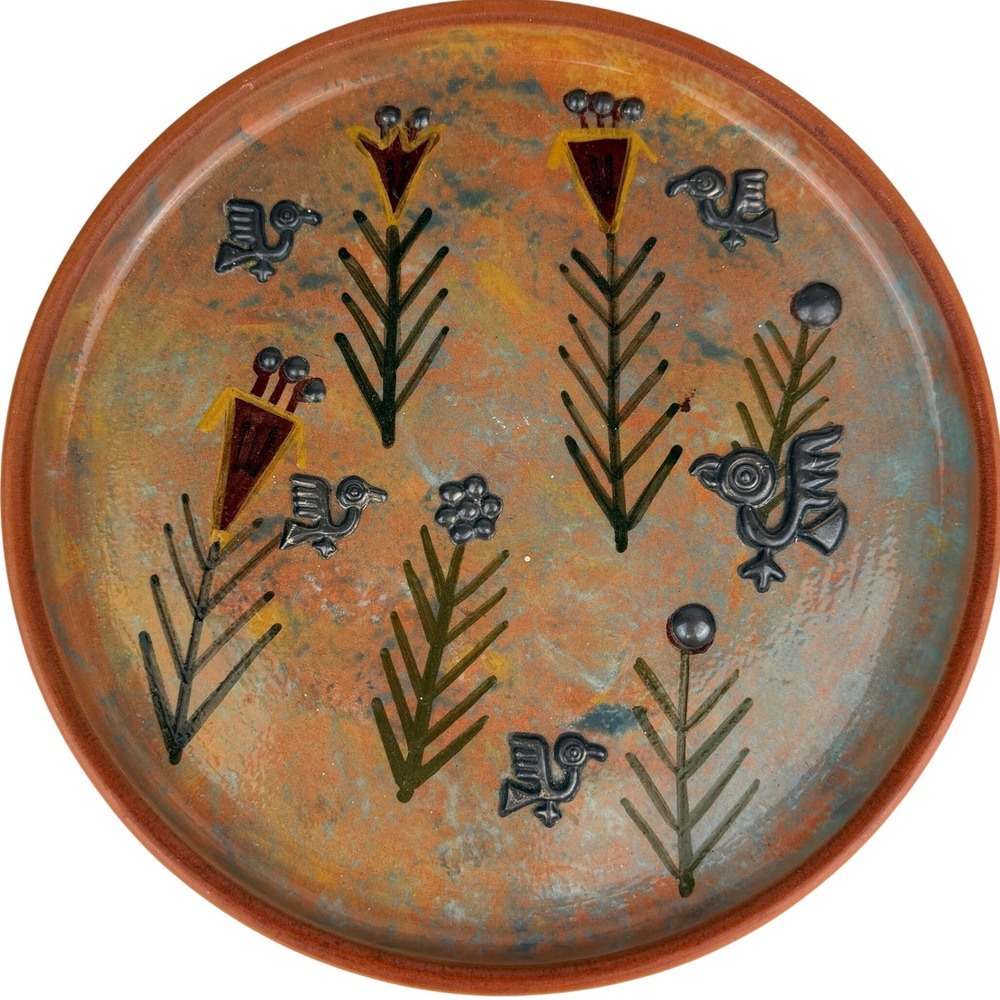 Seminario Peru Studio Pottery Plate Birds Flowers Terracotta Art Decor